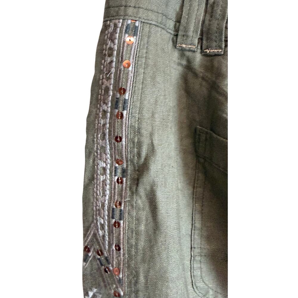 INC International Concept Linen Capri Pants Women 18 Olive Green Beaded Trim New - Picture 6 of 11